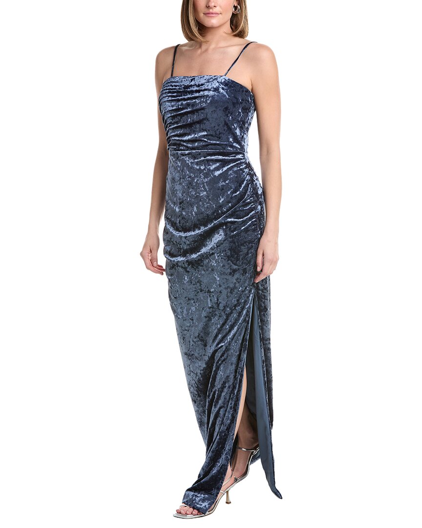 Rene Ruiz Strapless Velvet Burnout Column Gown In Blue