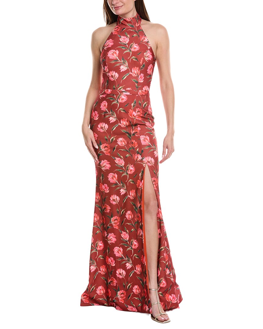 Rene Ruiz Halter Neck Belted Waist Floral Gown In Red