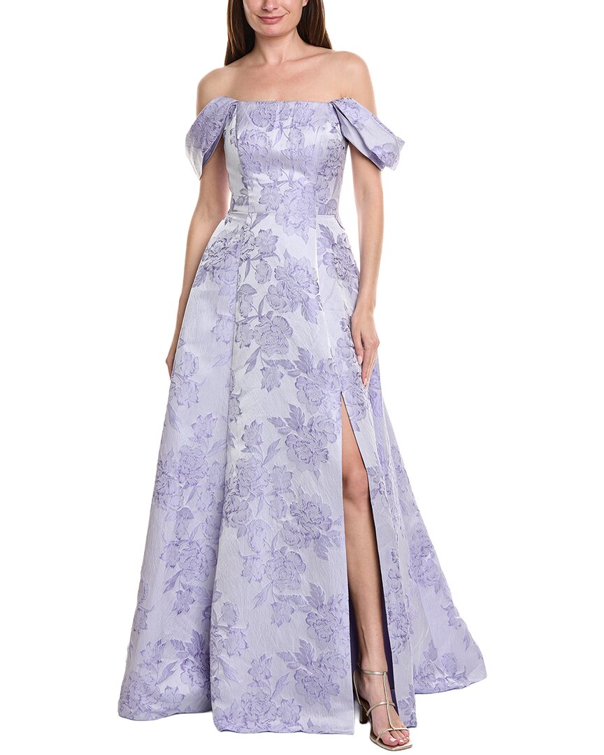 Rene Ruiz Off-the-shoulder Folded Neckline Textured Gown In Blue