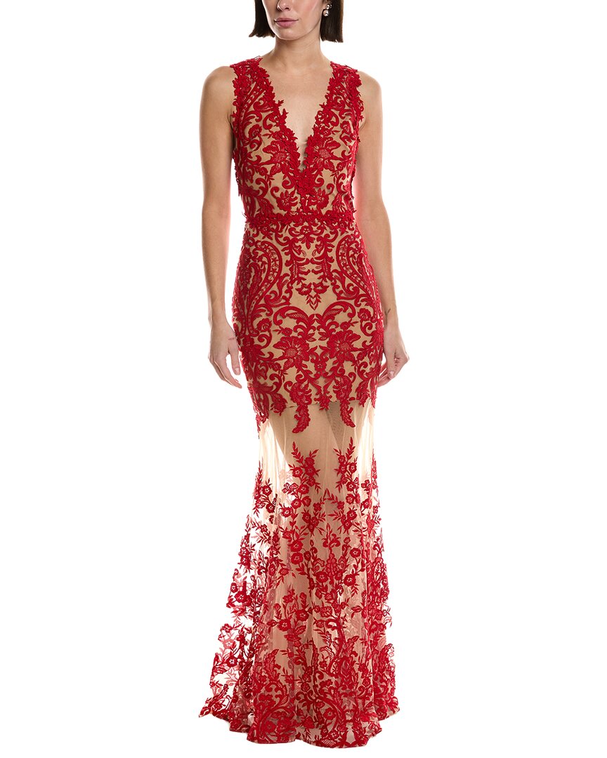 Marchesa Notte Sleeveless Deep V-neck Embroidered Gown In Red
