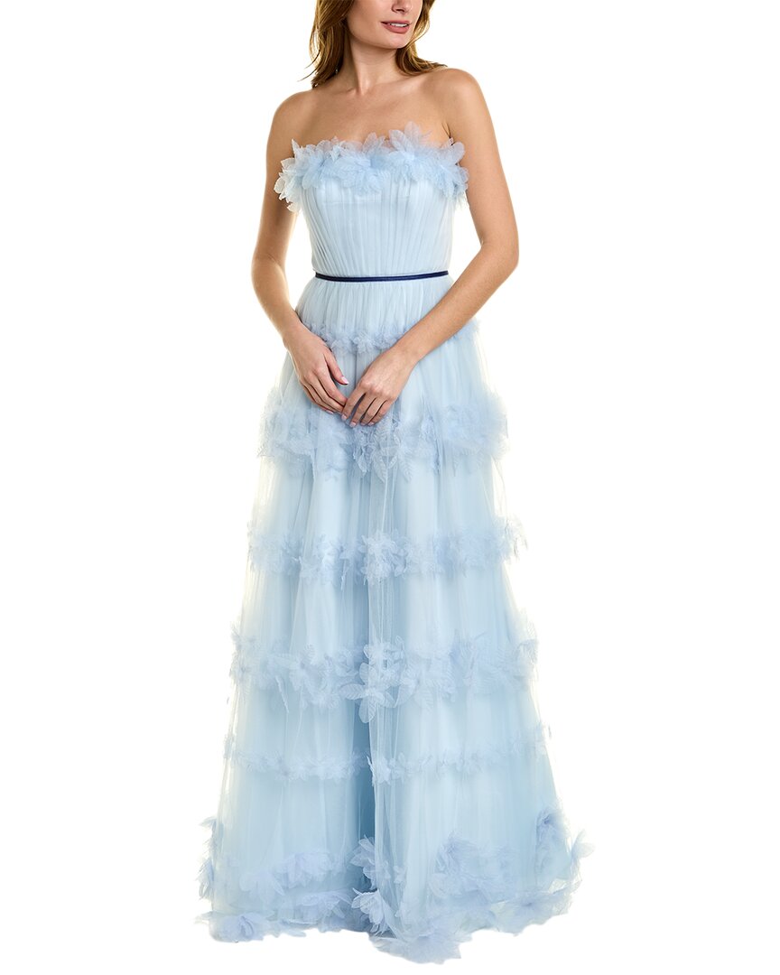 Marchesa Notte 3d Floral Stripe Tulle Ballgown In Blue | ModeSens