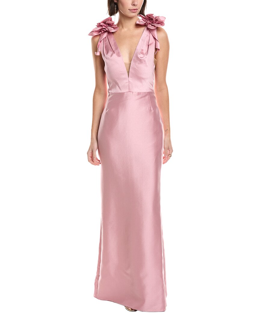 Marchesa Notte Sleeveless Deep V-neck Silk-blend Mikado Gown In Pink