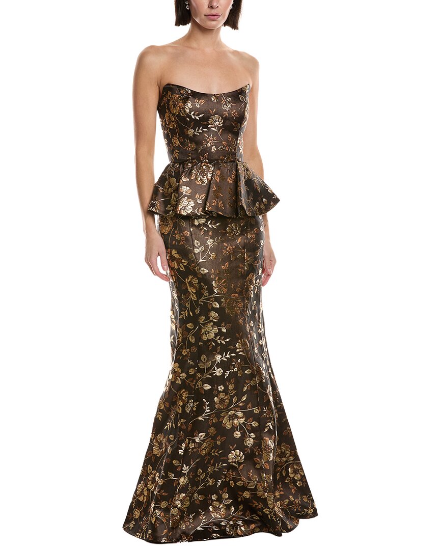 Marchesa Notte Jacquard Peplum Gown In Black