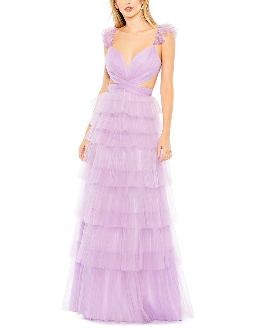 Mac Duggal Ruffle Tiered Tulle Cut Out Gown In Purple