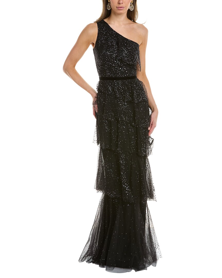 Marchesa Notte One-shoulder Tiered Glitter Tulle Gown In Black | ModeSens