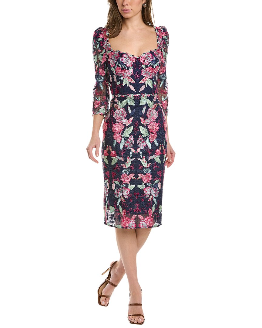 Shop Marchesa Notte Embroidered Sheath Dress In Navy
