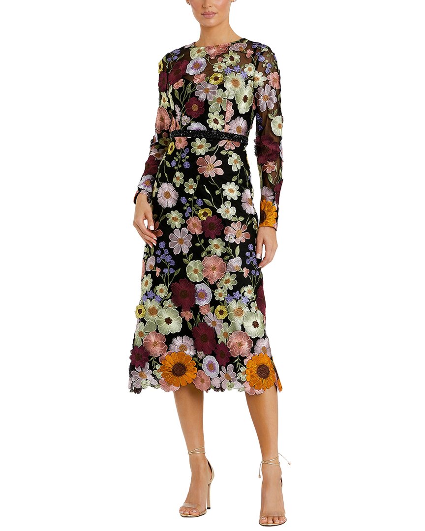 Mac Duggal Hand Stitched Floral Embellished High Neck A-line Dress In Black Multi