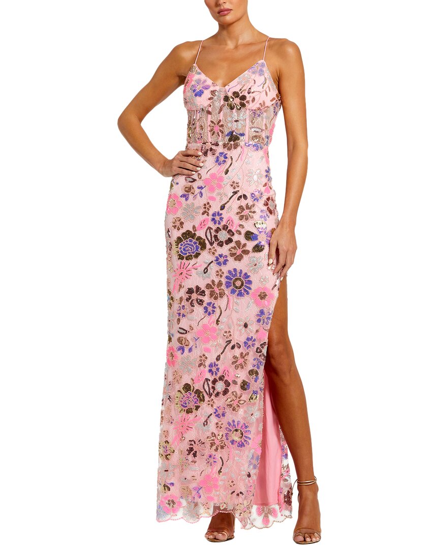 Mac Duggal Hand-embellished Spaghetti Strap Bustier Applique Gown With Thigh-high Slit