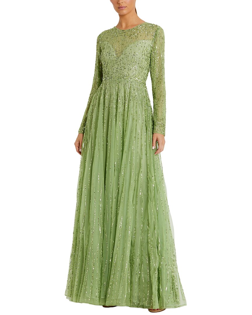 Mac Duggal Beaded Mesh Illusion High Neck A Line Gown In Green