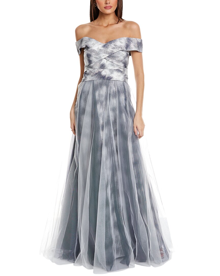 Rene Ruiz Off-the-shoulder Tiered A-line Gown In Silver