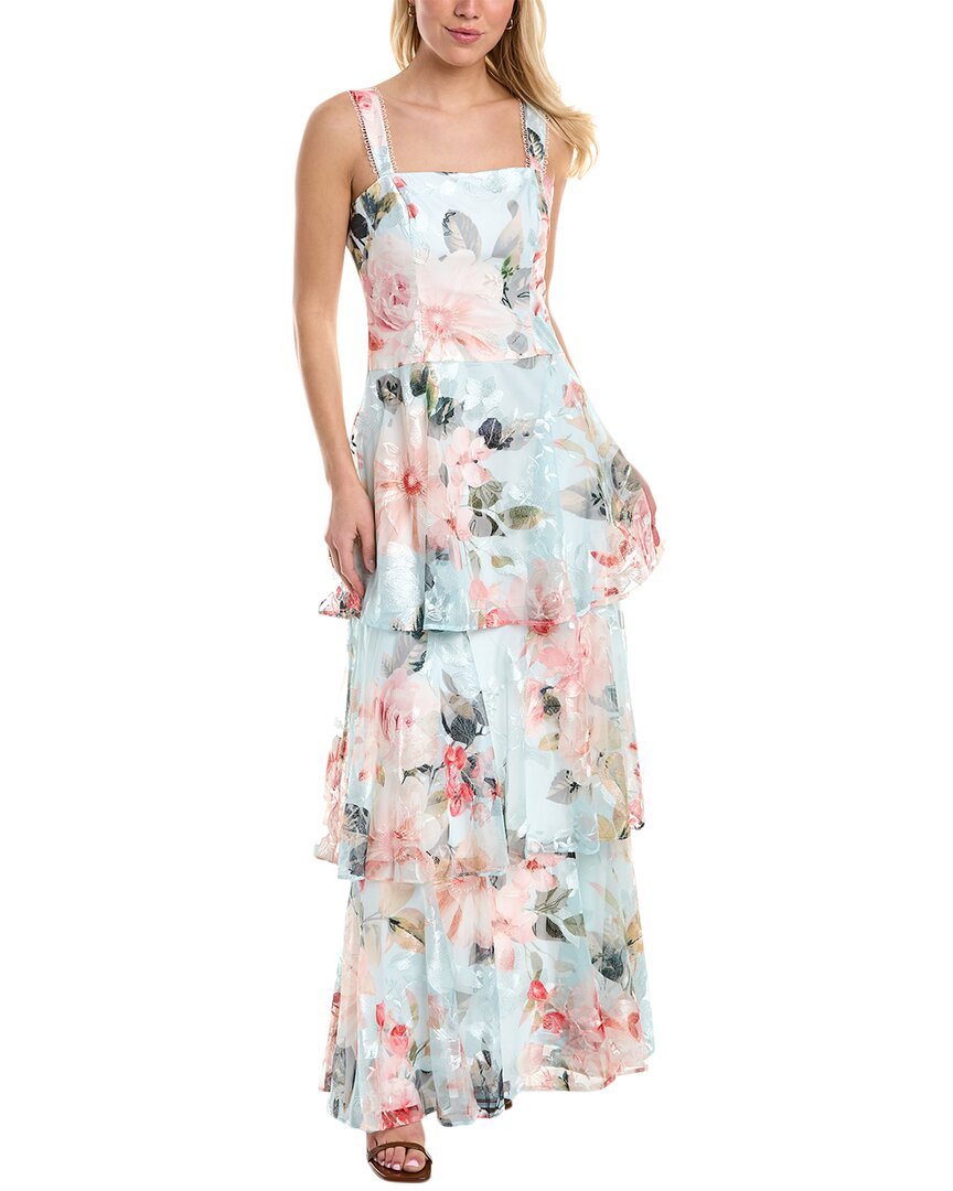 Shop Aidan Mattox Printed Embroidered Sleeveless Gown In Blue
