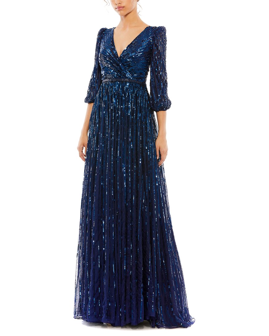 Mac Duggal Sequined Mesh V-neck A-line Gown In Blue
