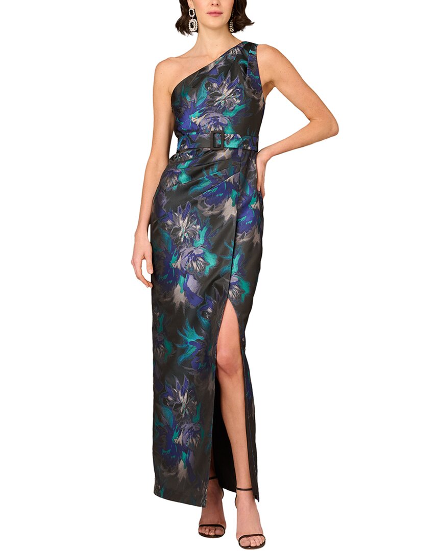 Aidan Mattox Printed Maxi Dress In Silver