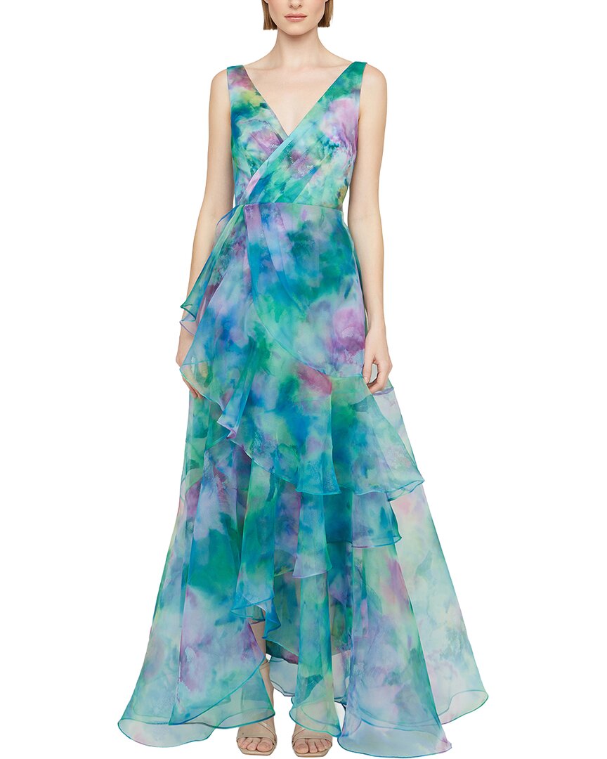 Theia Karen Organza V-neck Gown In Black