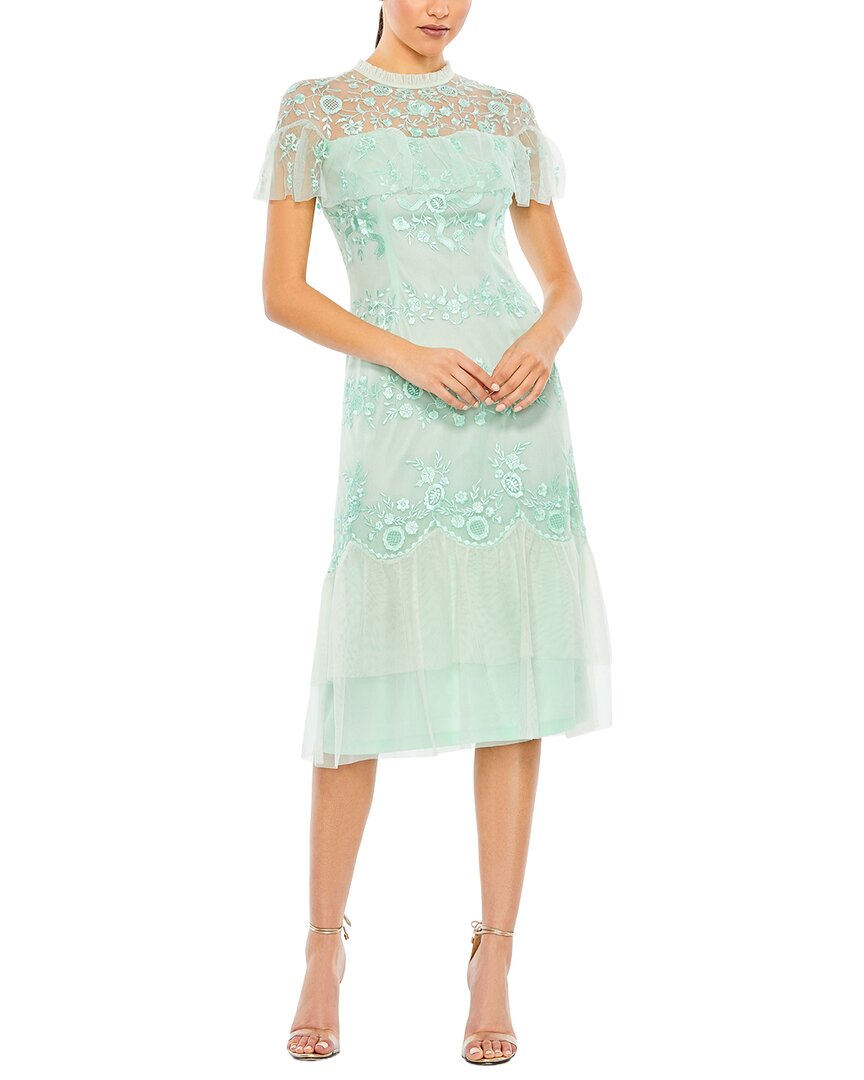 Mac Duggal Embroidered Ruffled Cap Sleeve Midi Dress