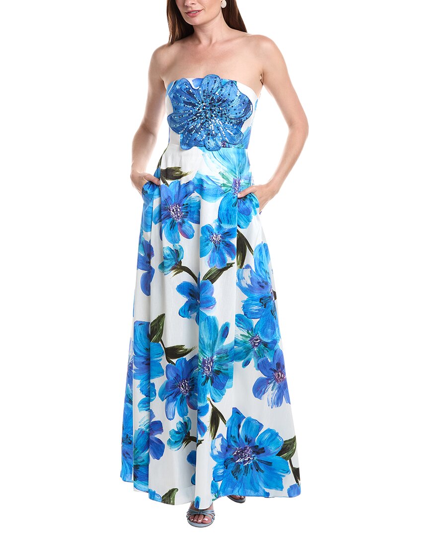 Adrianna Papell Strapless 3d Floral Beaded Dupioni Gown In Ivory Blue Multi