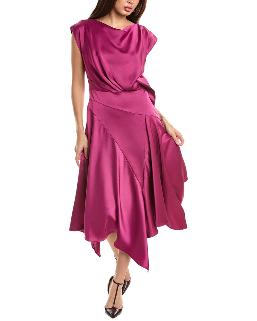 Theia Isla Satin Draped Midi Dress In Pink