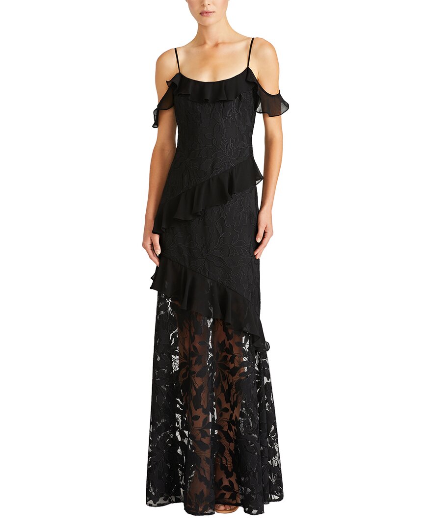 ml Monique Lhuillier Siennaruffle Cold Shoulder Lace Gown Dress In Black