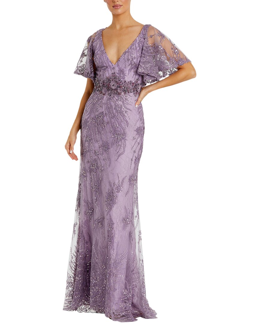 Mac Duggal Butterfly Sleeve Sequin Lace Column Gown In Purple
