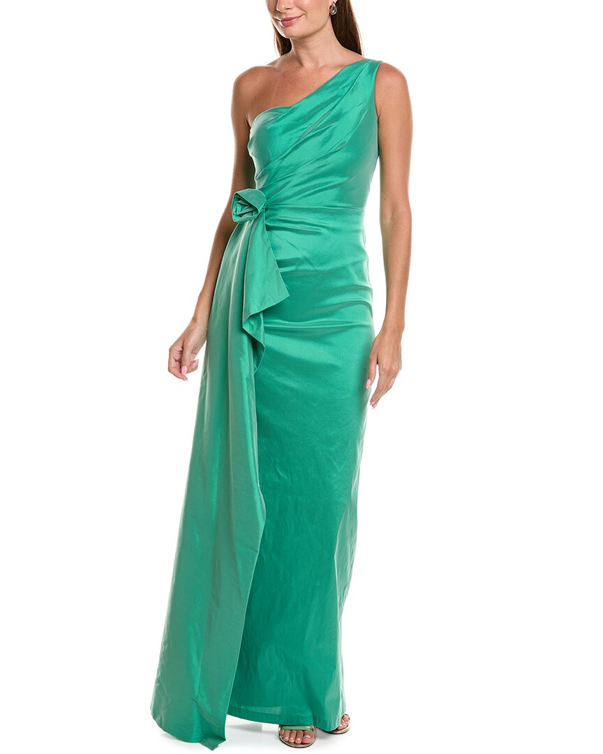 Teri Jon By Rickie Freeman Taffeta One-shoulder Flower Corsage Waist Gown In Green
