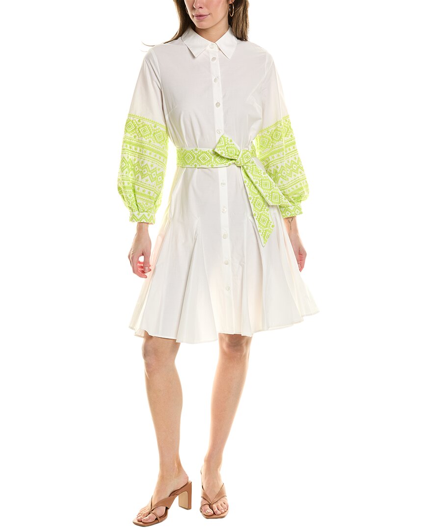 Pre-owned Teri Jon By Rickie Freeman Embroidered Shirtdress Women's In White Green