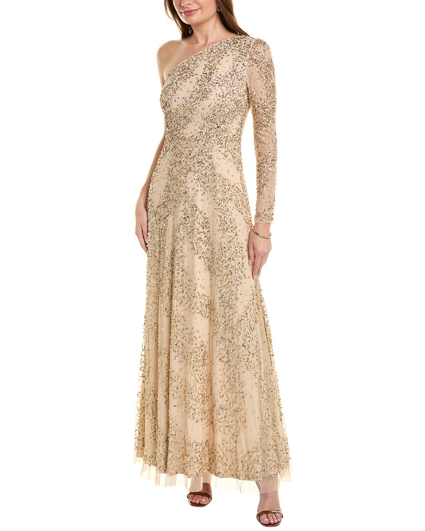 Shop Aidan Mattox Beaded One-shoulder Gown In Gold