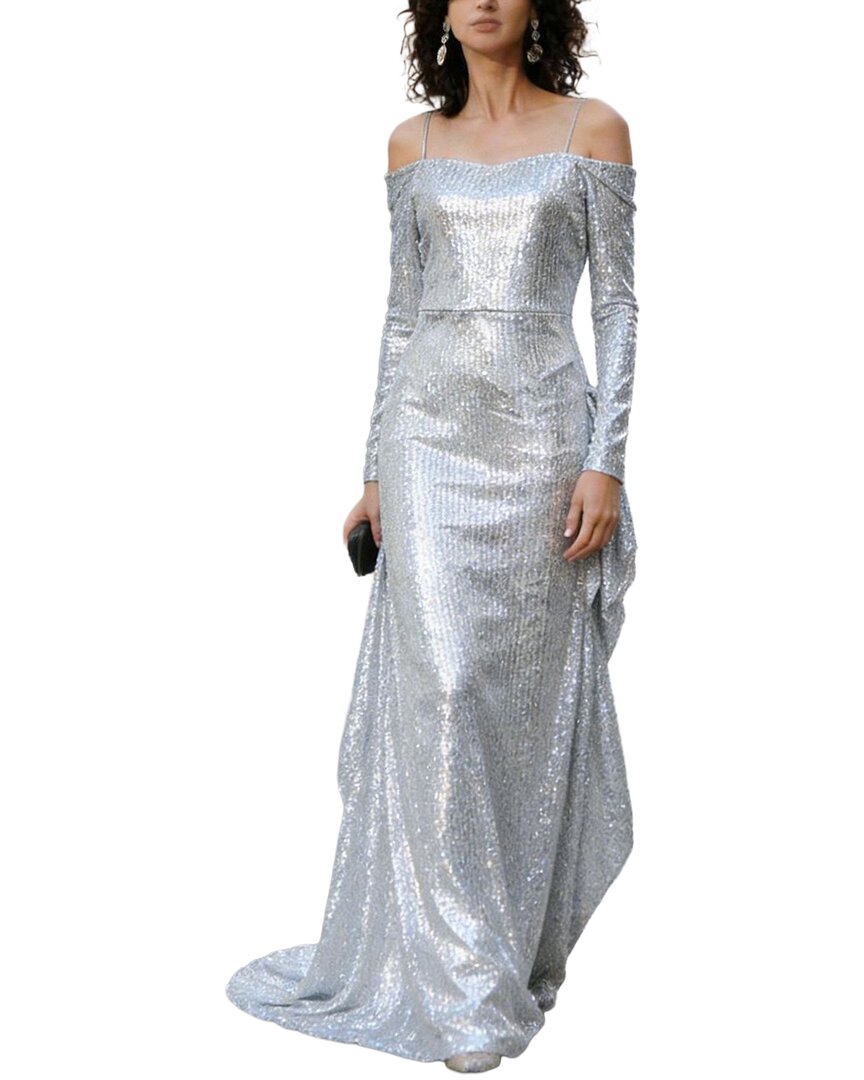 Vincent Embellished Long Sleeve Maxi Dress In Silver