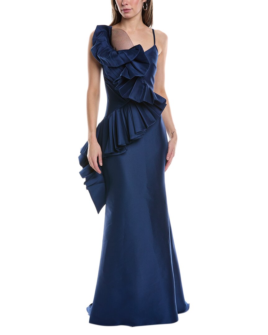 Shop Badgley Mischka Pleated Swirl Gown In Blue