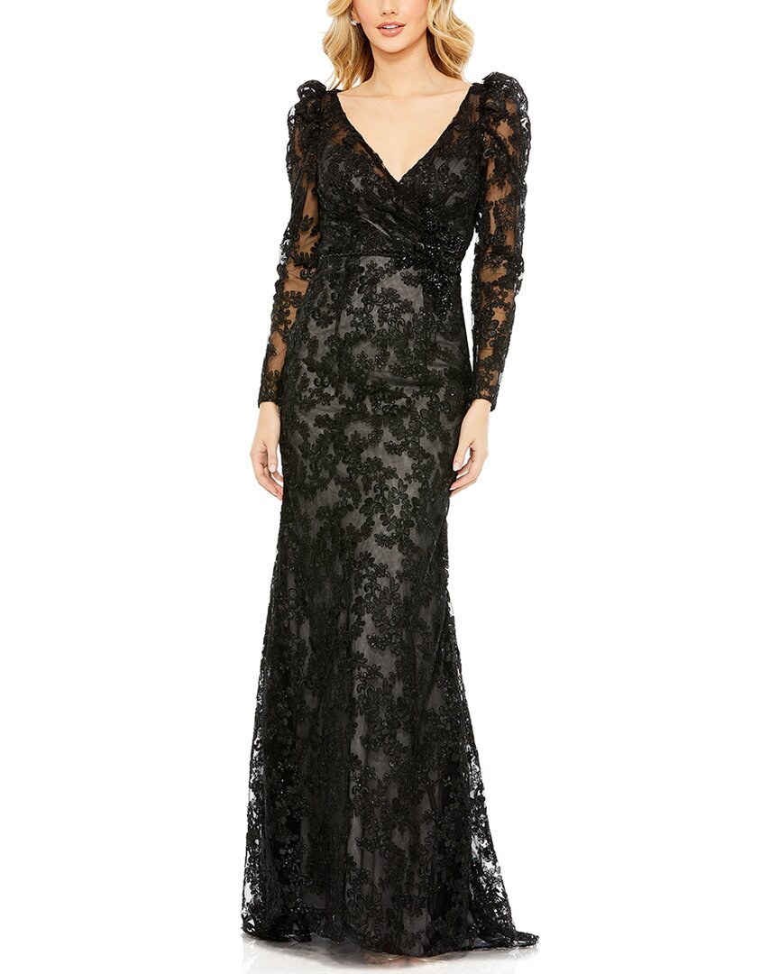 Pre-owned Mac Duggal Embroidered Lace Puff Sleeve Wrap Over Gown Women's In Black