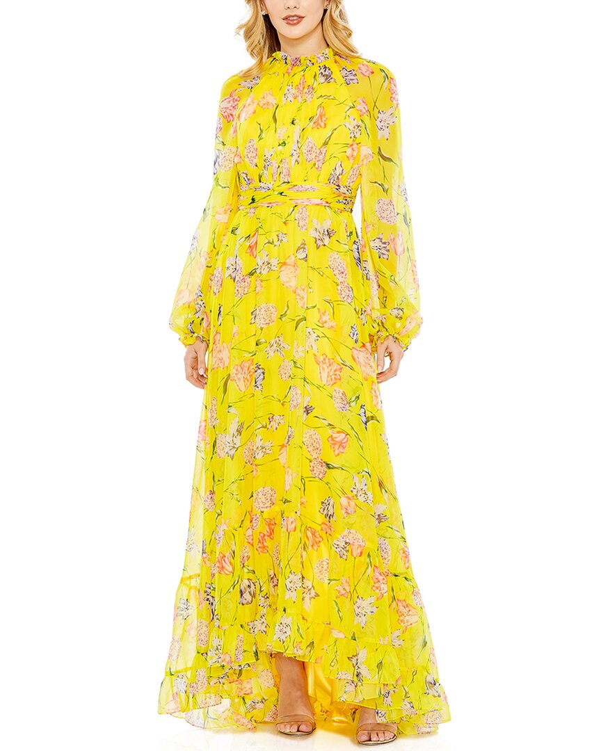 Shop Mac Duggal Floral Print Chiffon Ruched Raglan Sleeve Gown