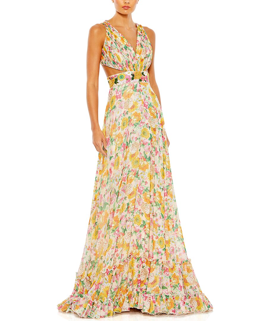 Shop Mac Duggal Floral Print Cut Out Lace Up Tiered Gown