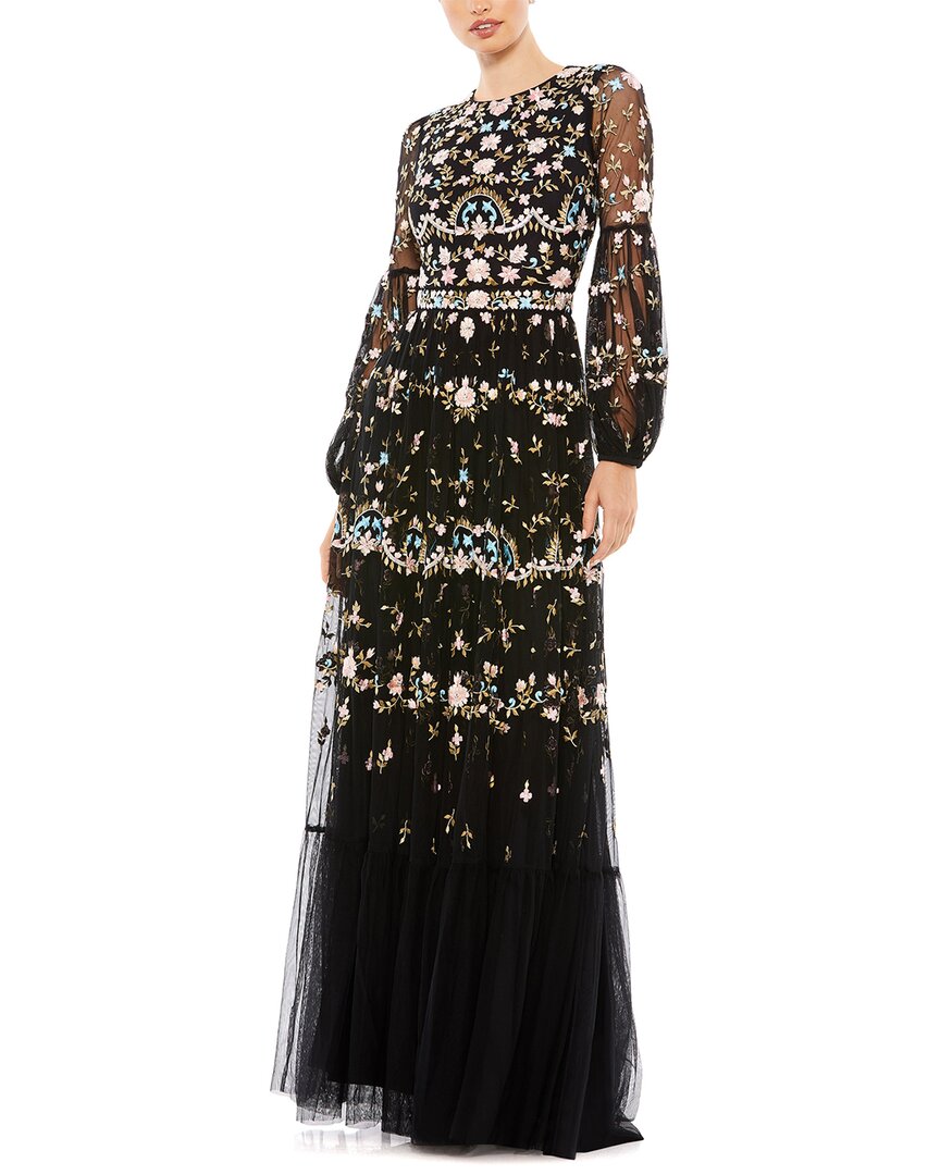 Mac Duggal Embroidered High Neck Illusion Sleeve Tiered Gown In Black