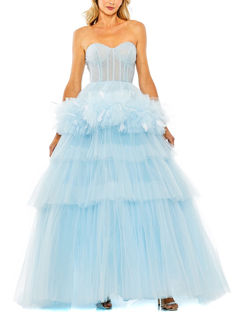 MAC DUGGAL MAC DUGGAL STRAPLESS TULLE GOWN WITH FEATHER DETAIL
