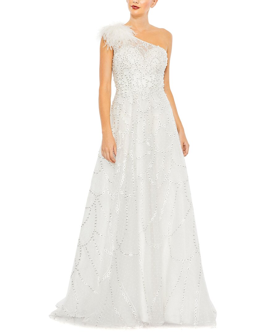 Mac Duggal Embellished One Shoulder A Line Gown In White