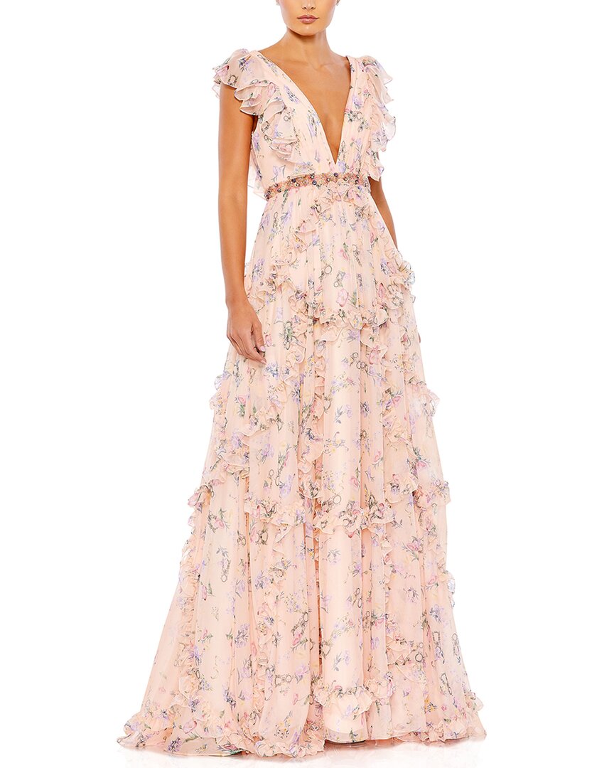 Shop Mac Duggal Ruffled Floral Print Cap Sleeve Gown In Pink