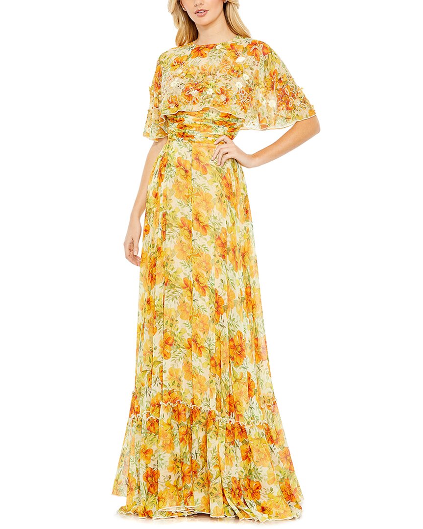 Mac Duggal Floral Print High Neck Cape Sleeve A Line Gown