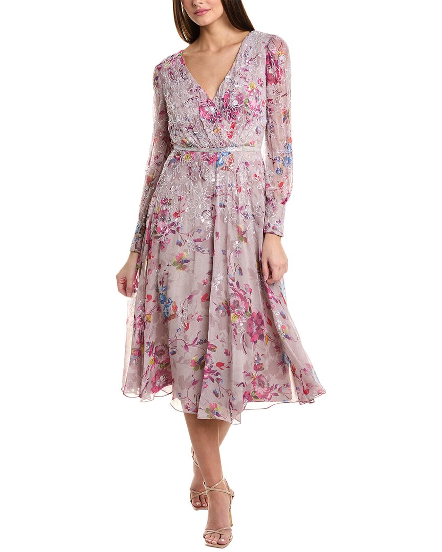 Mac Duggal Long Sleeve Embellished Floral Midi Dress In Multi