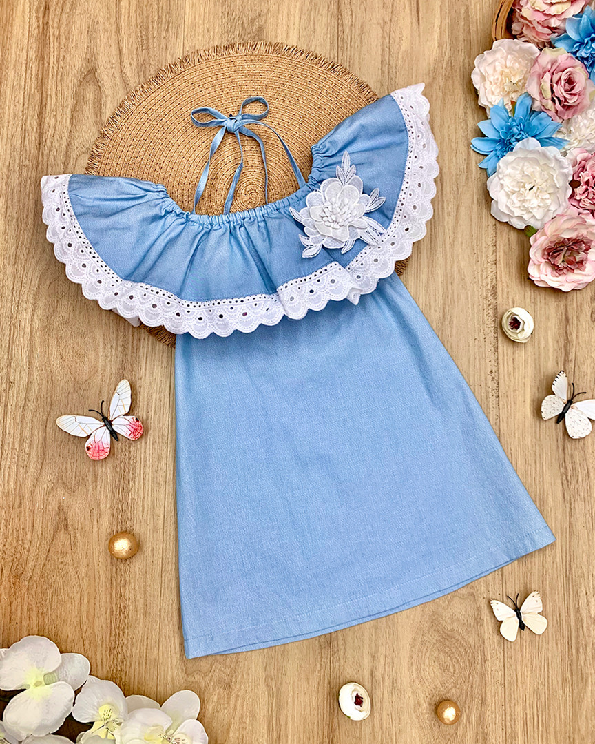 Image of Mia Belle Chambray Lace Ruffle Cold Shoulder Dress
