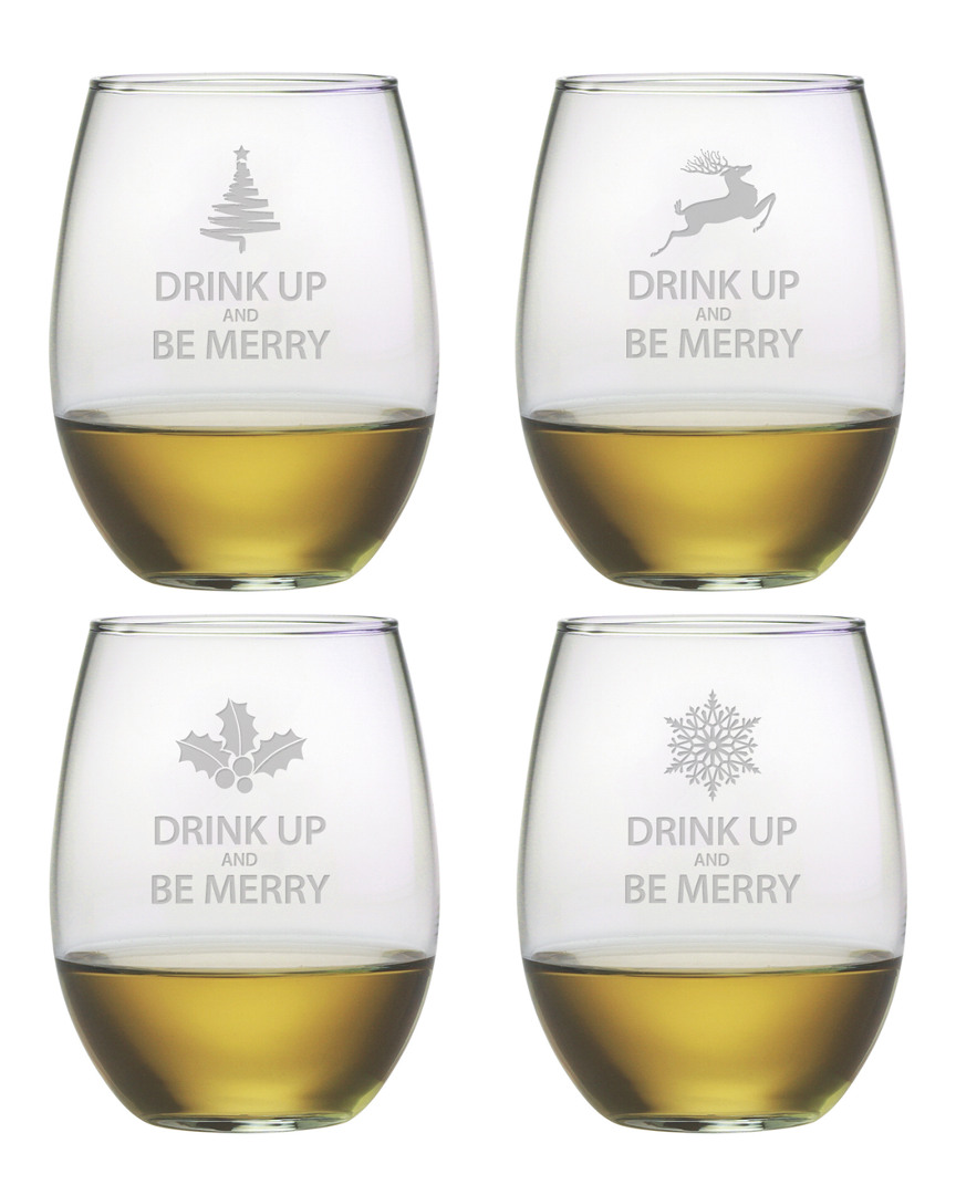 Susquehanna Glass Set Of Four Drink Up & Be Merry 21oz Stemless