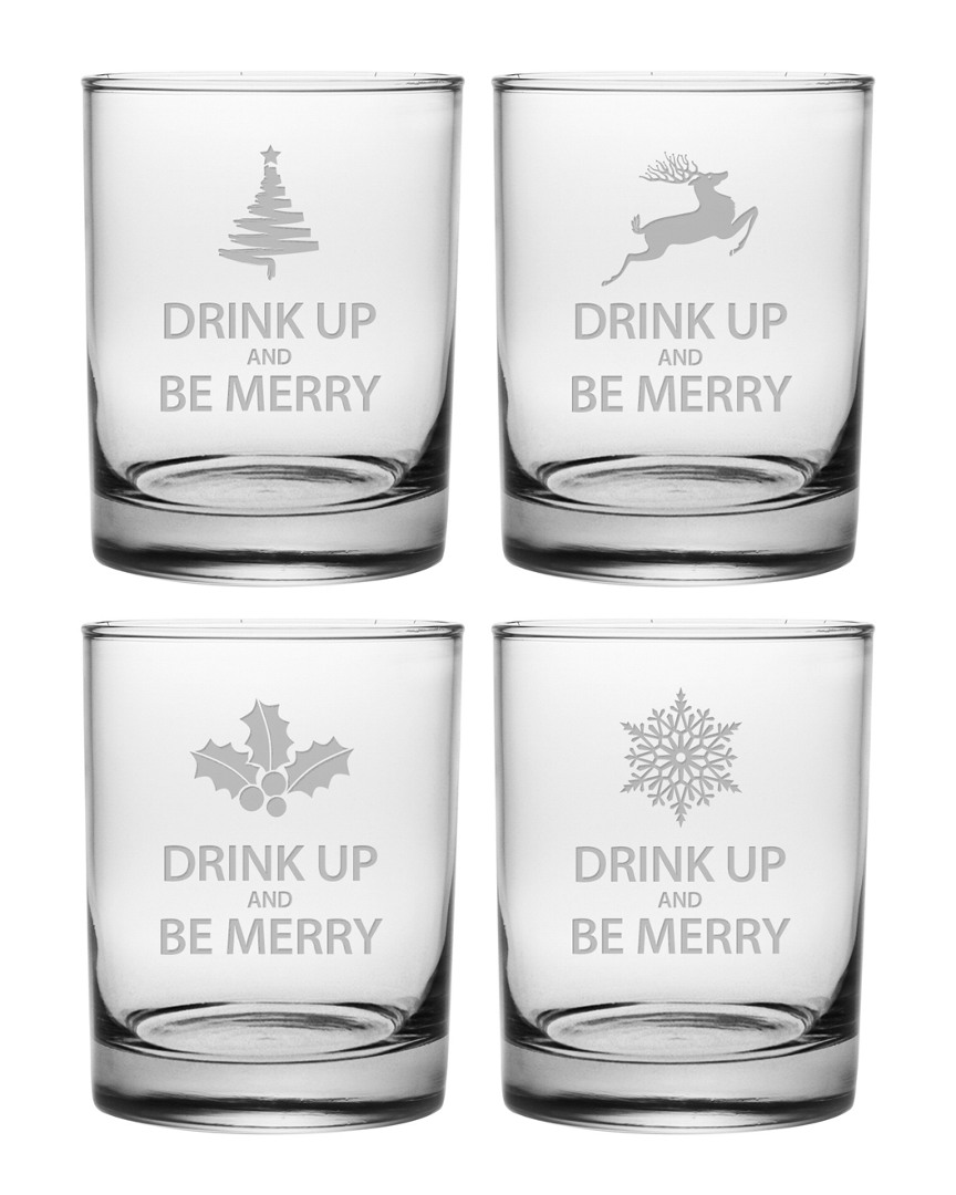 Susquehanna Glass Set Of Four Drink Up & Be Merry 14oz Rocks Glasses