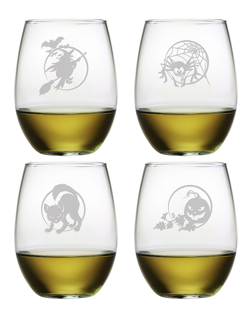 Susquehanna Set Of 4 Halloween Circle Icons Assortment Stemless Wine Glasses