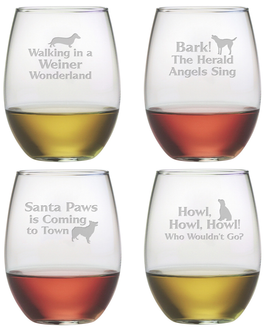 Susquehanna Set Of Four 21oz Canine Carols Stemless Wine Glasses