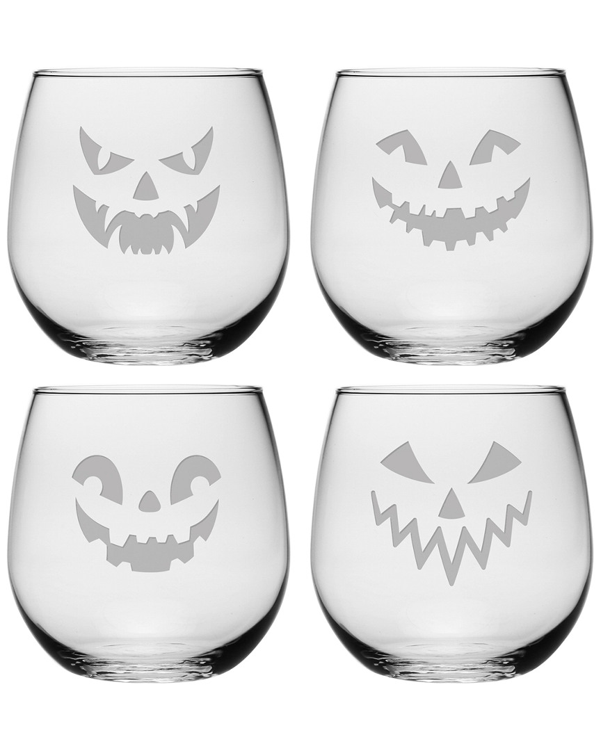 Susquehanna Glass Company Set Of 4 Scary Faces Assortment Stemless Wine Glasses
