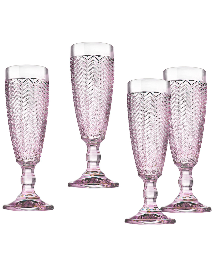 Godinger Set Of 4 Pink Vintage Stem Flutes