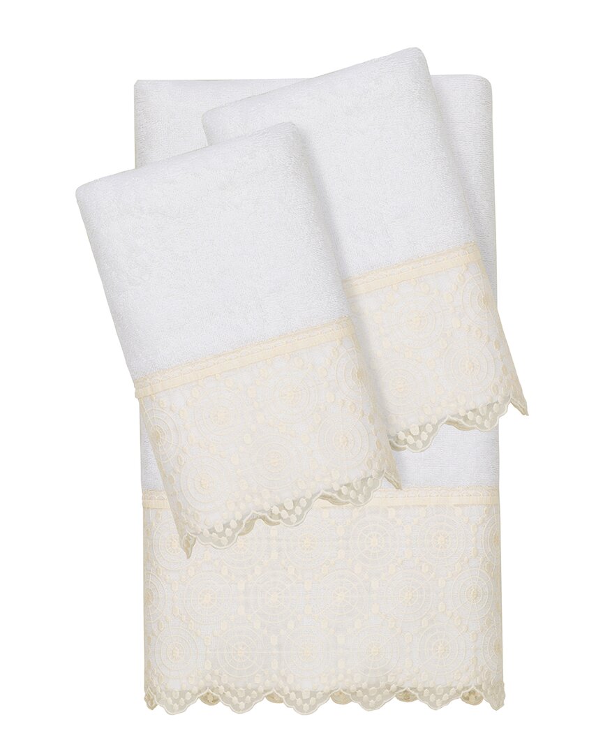 Linum Home Textiles 100% Turkish Cotton Arian 3pc Cream Lace Embellished Towel Set In White