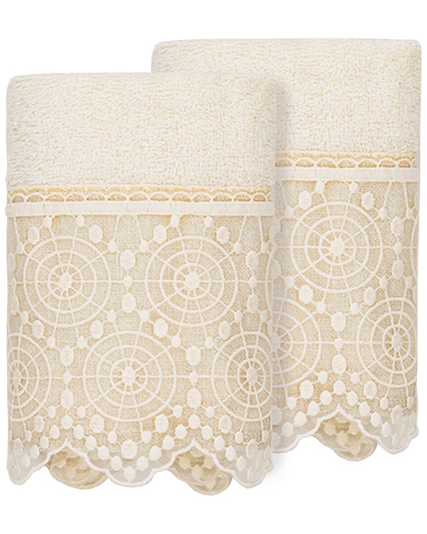 Linum Home Textiles 100% Turkish Cotton Arian 2pc Cream Lace Embellished Washcloth Set