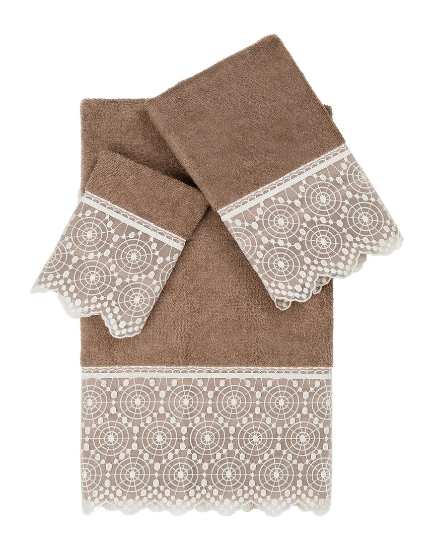 Linum Home Textiles 100% Turkish Cotton Arian 3pc Cream Lace Embellished Towel Set In Beige