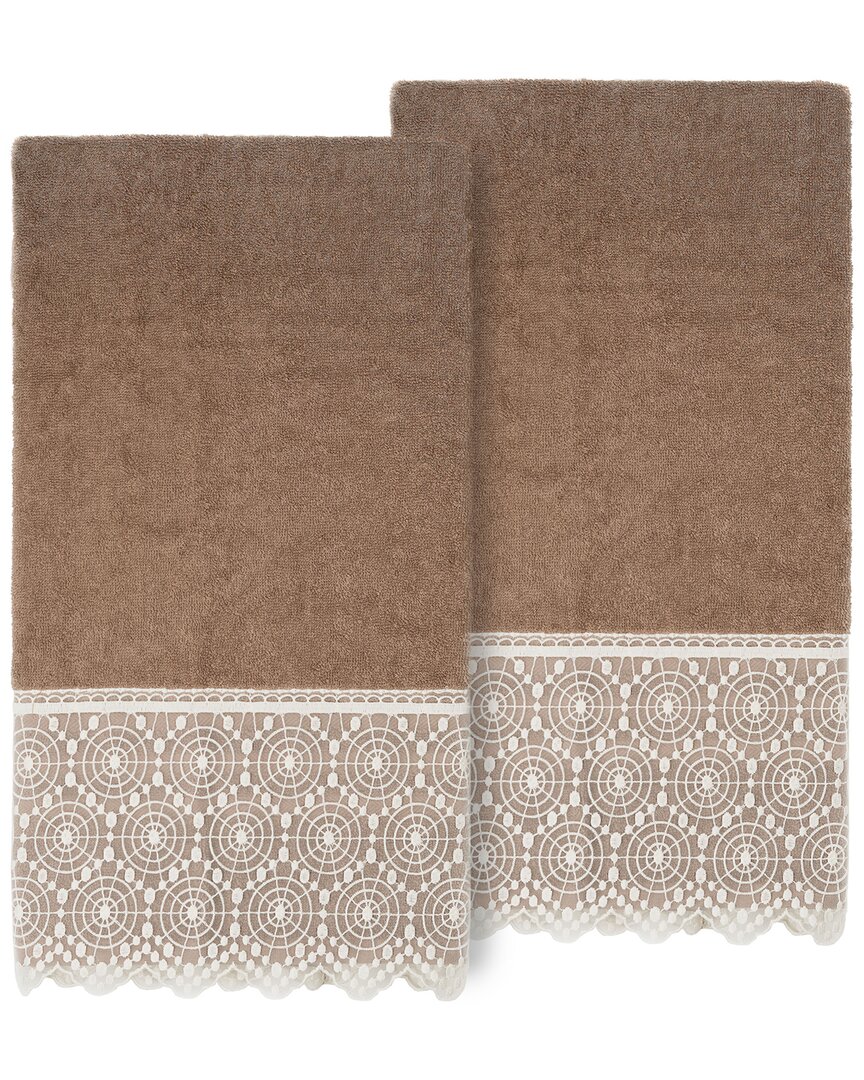 Linum Home Textiles 100% Turkish Cotton Arian 2pc Cream Lace Embellished Bath Towel Set In Beige
