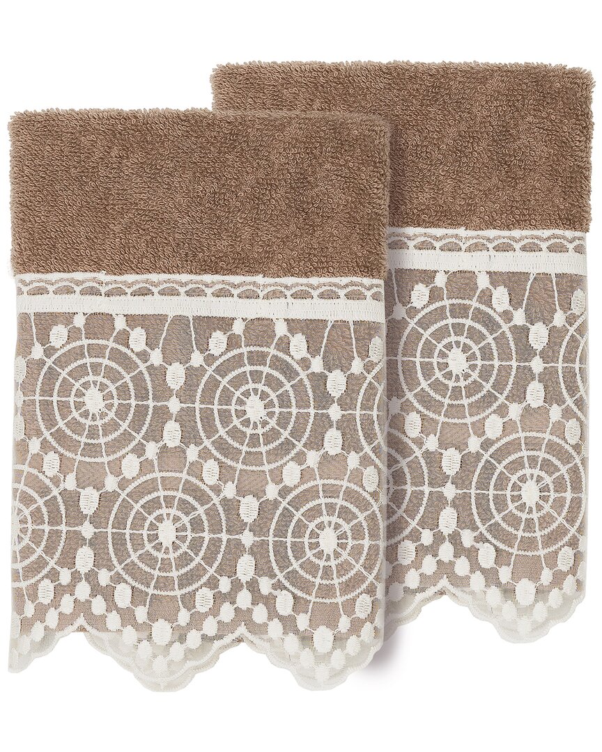 Linum Home Textiles 100% Turkish Cotton Arian 2pc Cream Lace Embellished Washcloth Set In Brown