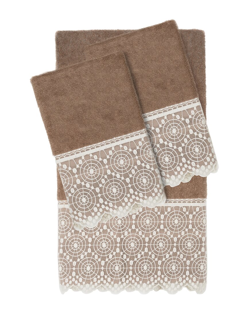 Linum Home Textiles 100% Turkish Cotton Arian 3pc Cream Lace Embellished Towel Set In Beige